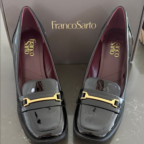 Franco Sarto Patent Black Loafers with Gold Detail - Picture 1 of 7